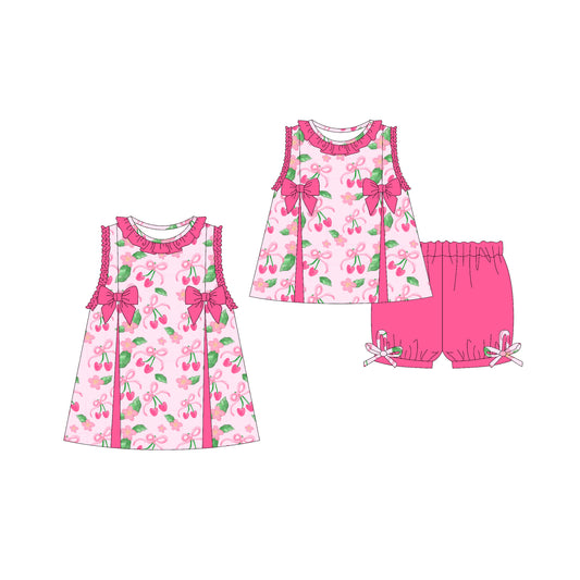Preorder moq 5 Custom Baby Girls Sleeveless Pink Bows Flowers Tunic Ruffle Short Set Knee Length Dresses