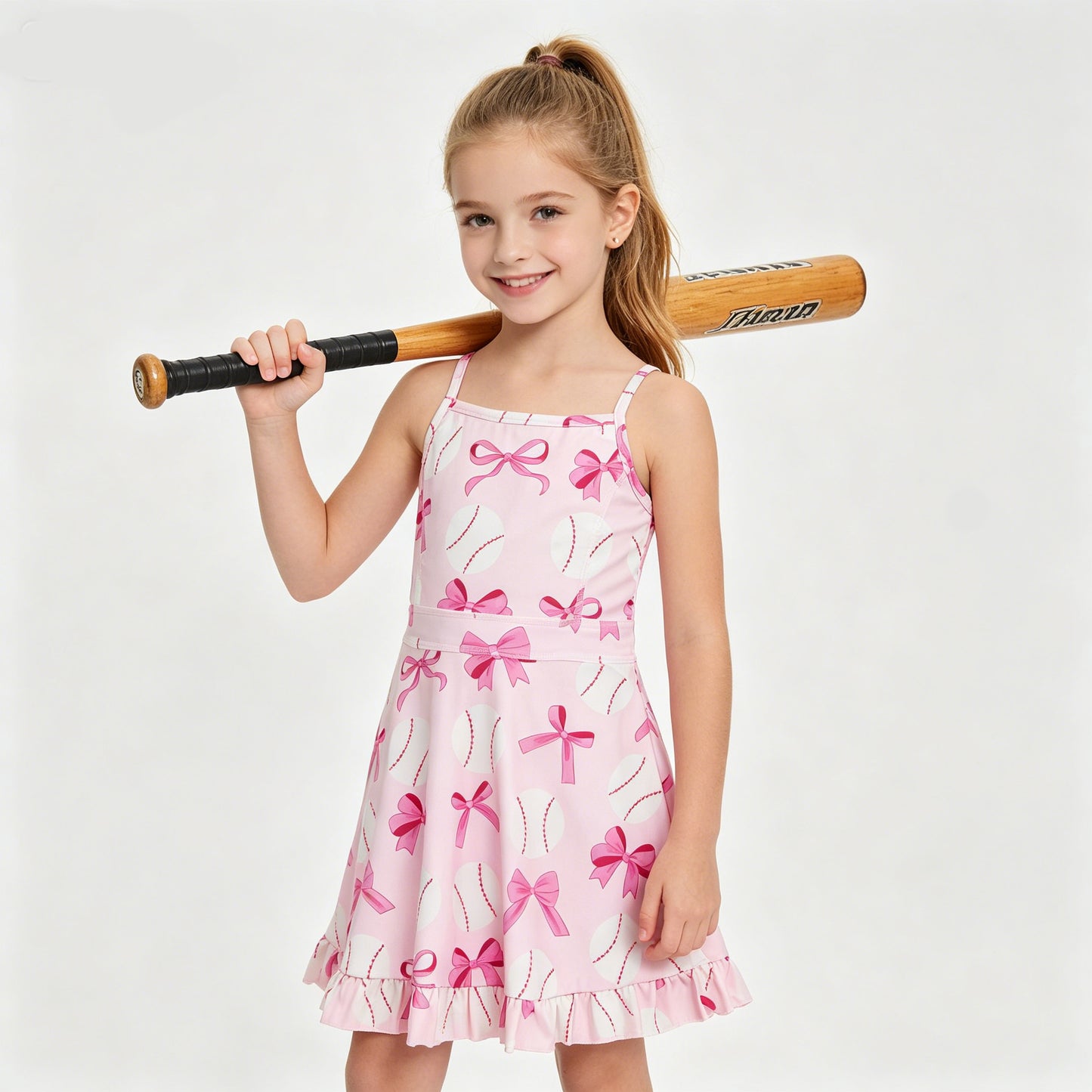 Baby Girls Strap Pink Bows Baseballs Activity Wear Yoga Knee Length Dresses