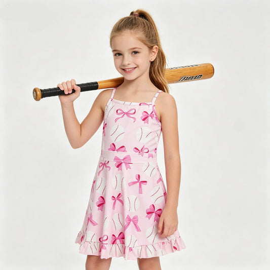 Baby Girls Strap Pink Bows Baseballs Activity Wear Yoga Knee Length Dresses