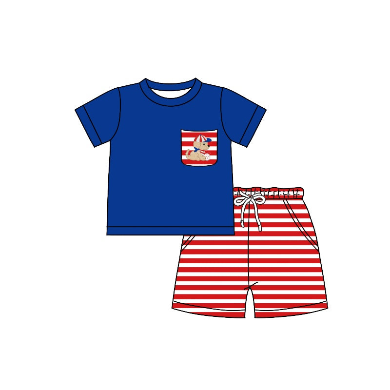 Baby Boys Dog Pocket Shirt Shorts Baseball Stripes Shorts Clothes Sets preorder(moq 5)
