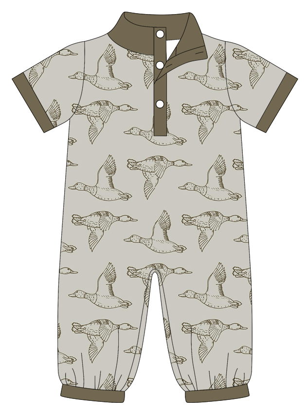 Preorder moq 5 (each item)Baby Boys Short Sleeve Ducks Deer Button Hunting Footie Rompers