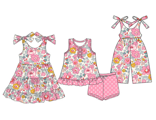 Preorder moq 5 Custom Baby Girls Pink Floral Button Tunic Polka Dots Short Set Knee Length Dress Jumpsuits