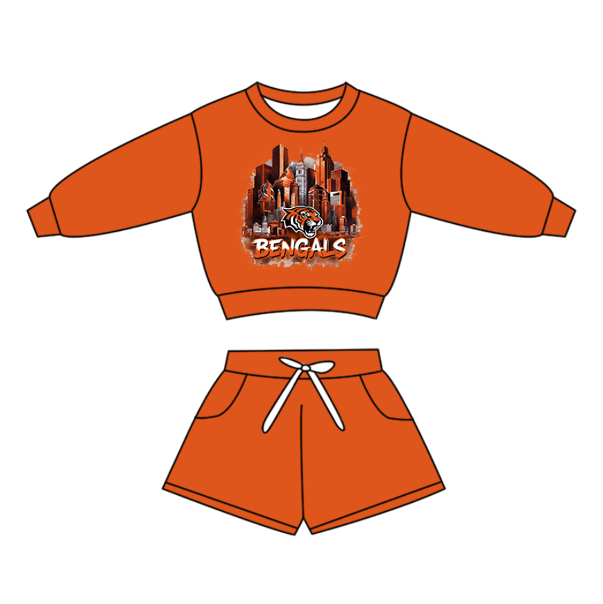 Preorder(moq 5)Baby Boys Long Sleeve Bengals Tigers Top Pockets Shorts Team Clothes Sets