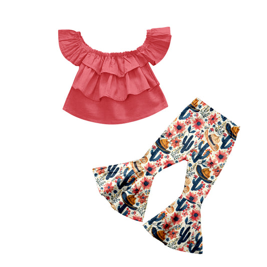 Baby Girls Cactus Flowers Western Shirt Bell Pants Clothes Sets Preorder(moq 5)
