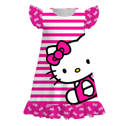 Baby Girls Pink Stripes Cats Flutter Sleeve Knee Length Dresses Preorder(moq 5)