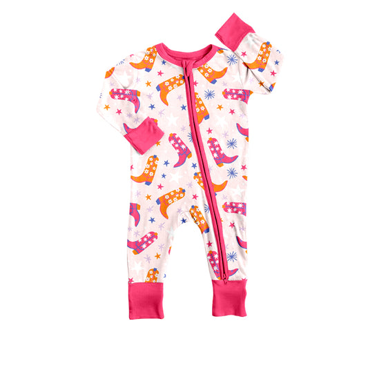 Baby Toddler Girls Western Pink Boots Zip Long Sleeve Rompers preorder(moq 5)