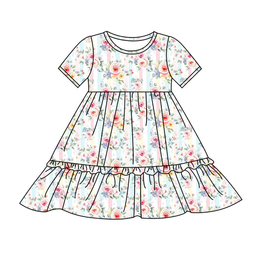 Preorder (moq 5)Baby Girls Colorful Stripes Flowers Knee Length Dresses