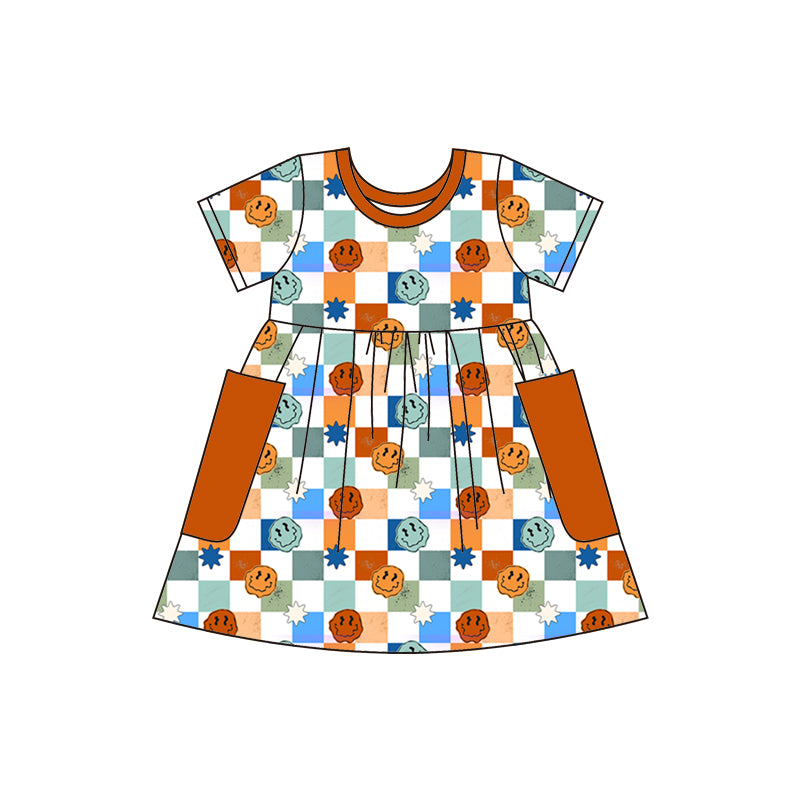 Baby Girls Smile Checkered Short Sleeve Pocket Knee Length Dresses Preorder(moq 5)