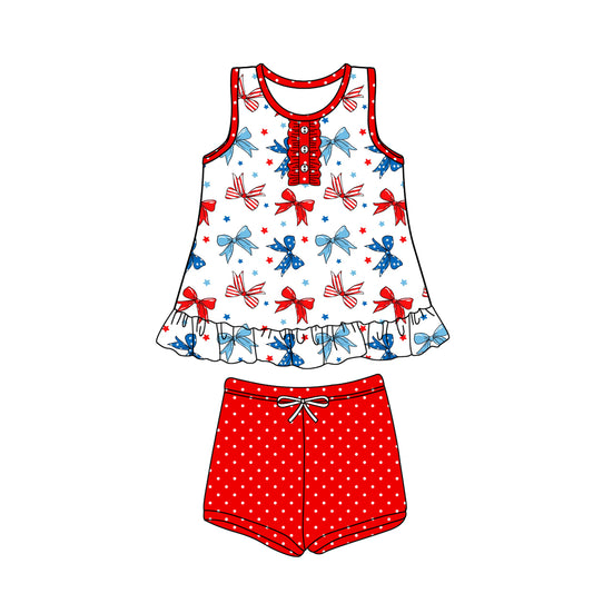 Preorder (moq 5)Baby Girls 4th Of July Bows Ruffle Tunic Shorts Clothes Sets