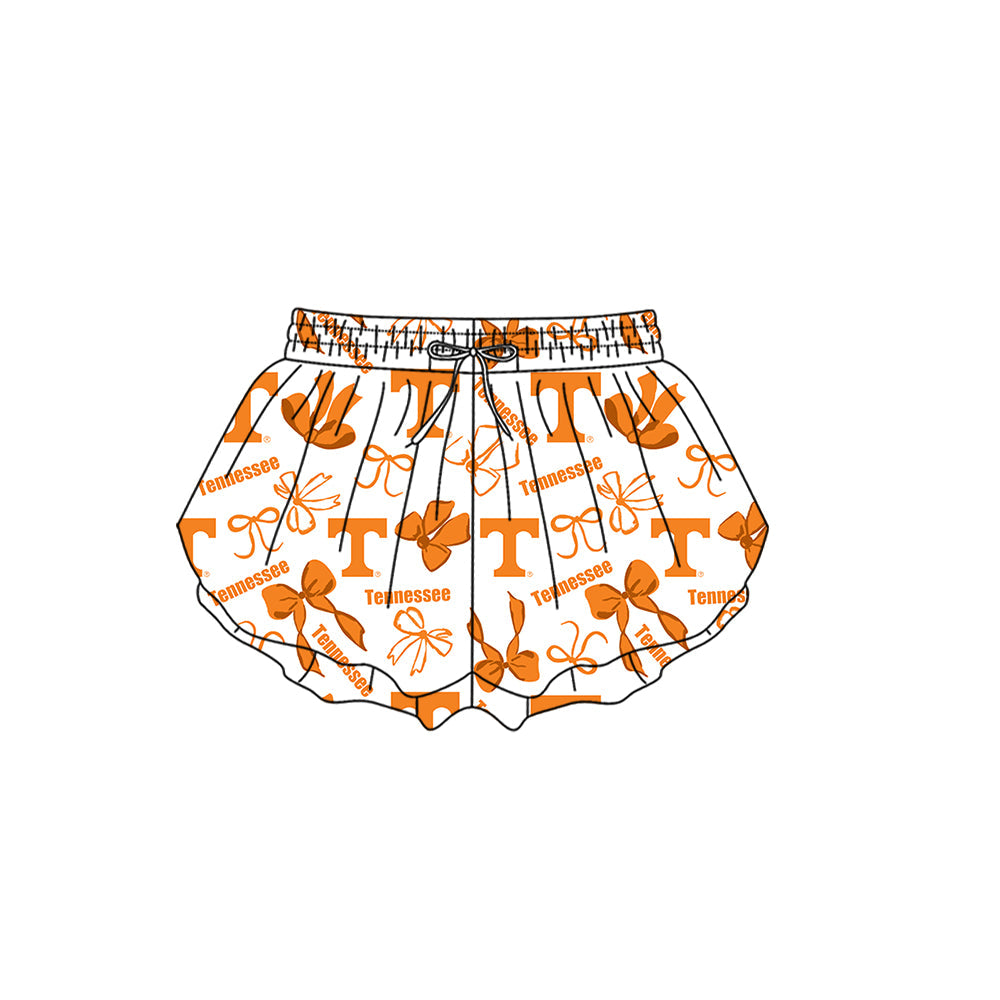 Preorder (moq 5)Baby Girls Orange T Bows Team Ruffle Shorts Bottom