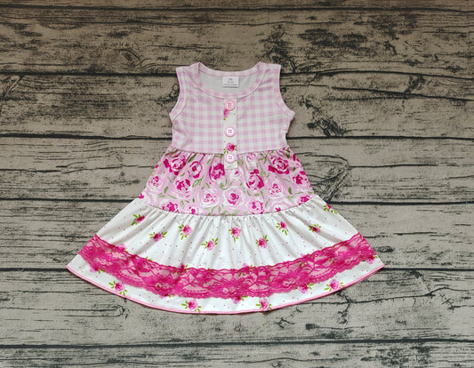 Baby Girls Sleeveless Floral Pink Lace Ruffle Knee Length Dresses