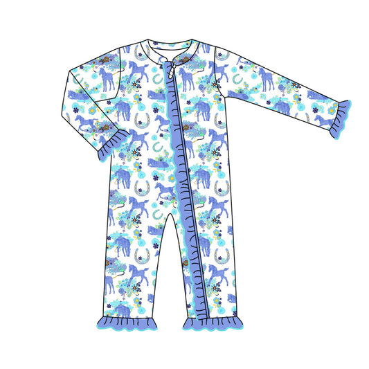 Baby Infant Girls Blue Horse Western Rompers preorder(moq 5)