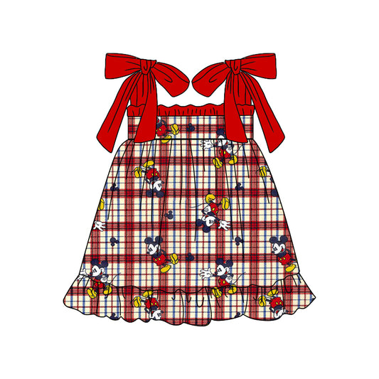 Baby Girls Red Checkered Cartoon Mouse Straps Ruffle Knee Length Dresses preorder (moq 5)