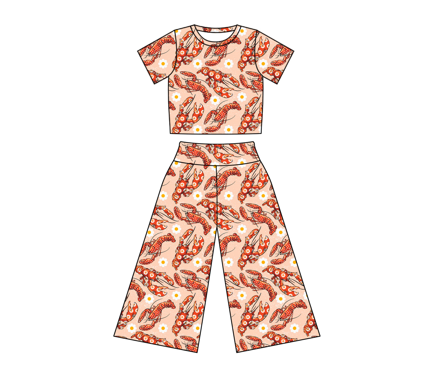 Preorder (moq 5)Baby Girls Crawfish Flowers Top Bell Bottom Pants Clothes Sets