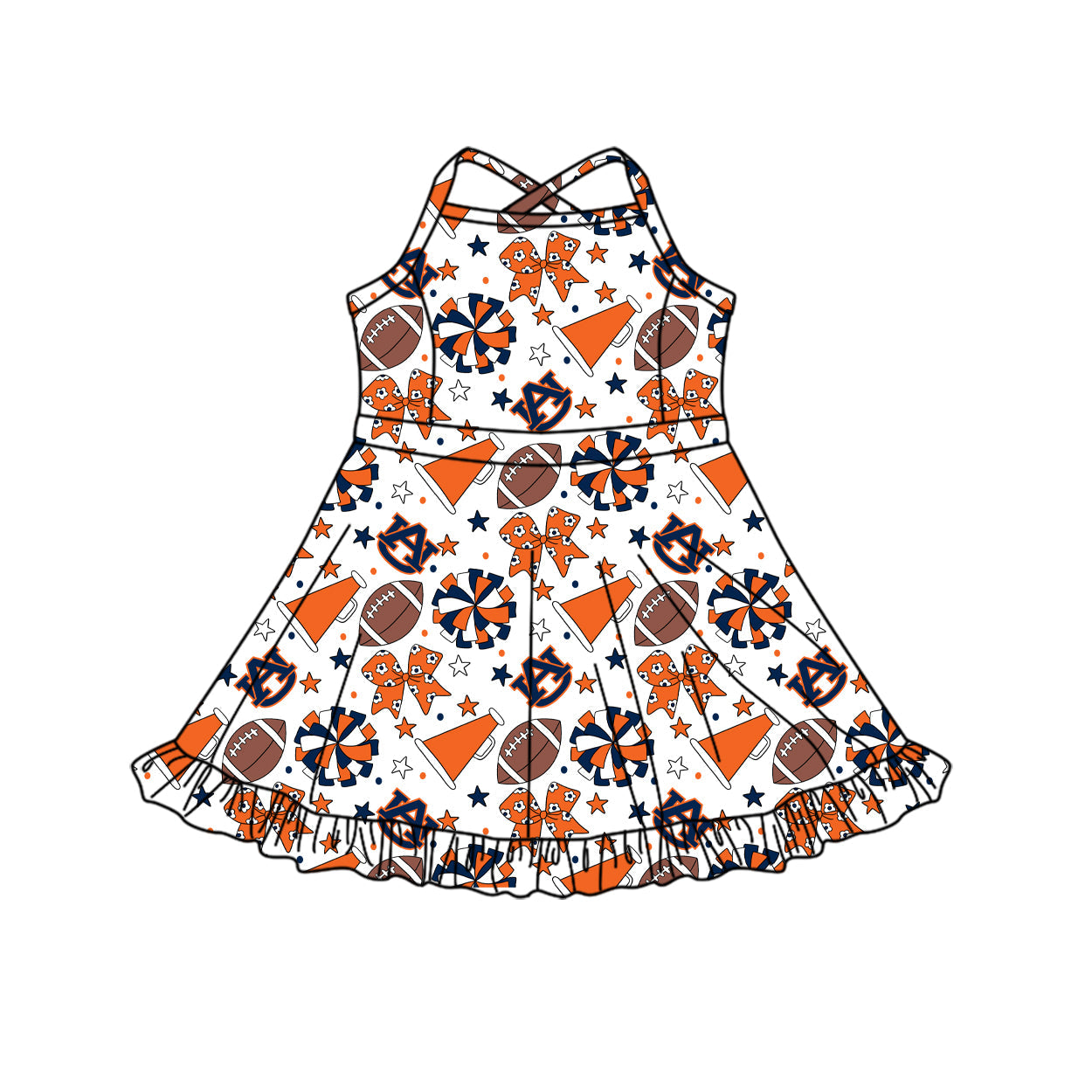 Preorder (moq 5)Baby Girls Strap Bows Stars Footballs Team Shorts Ruffle Knee Length Dress