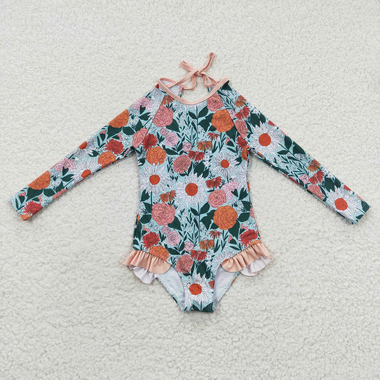 Baby Girls Summer Long Sleeve Flowers One Pieces Swimsuits