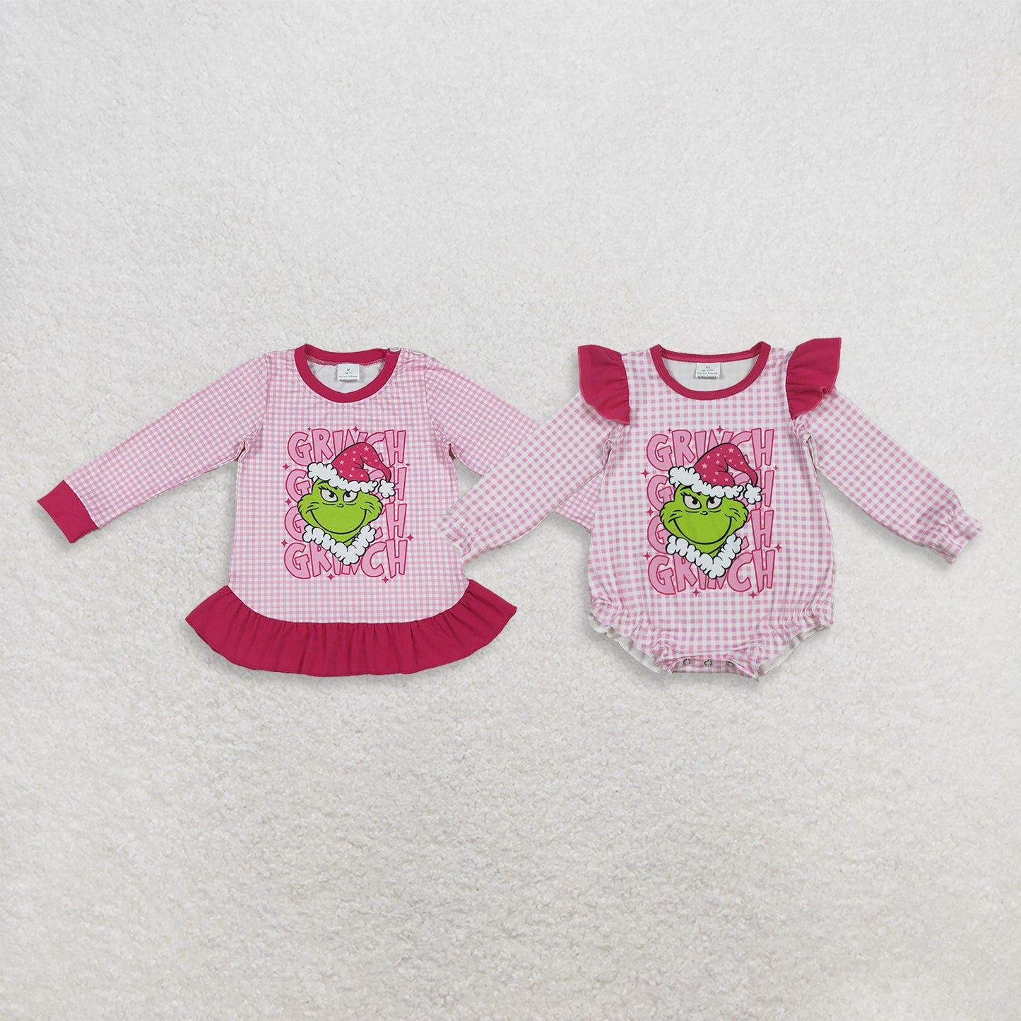 Sibling Baby Girls Pink Checked Long Sleeve Ruffle T-shirts Top Rompers