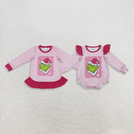 Sibling Baby Girls Pink Checked Long Sleeve Ruffle T-shirts Top Rompers