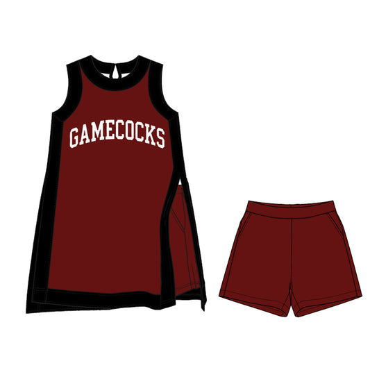 Preorder moq 5 Baby Girls Black Maroon Gamecocks Split Tunic Pockets Short Team Clothes Sets