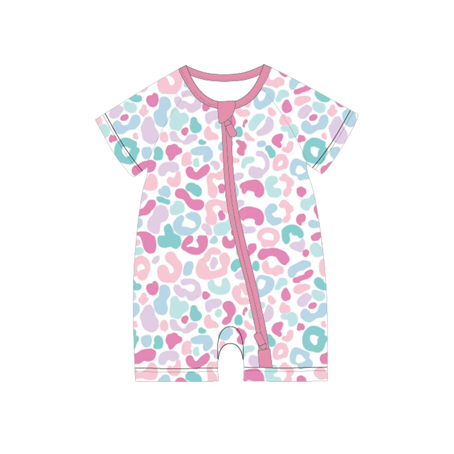 Preorder moq 5 Baby Girls Short Sleeves Colorful Leopard Zipper Rompers