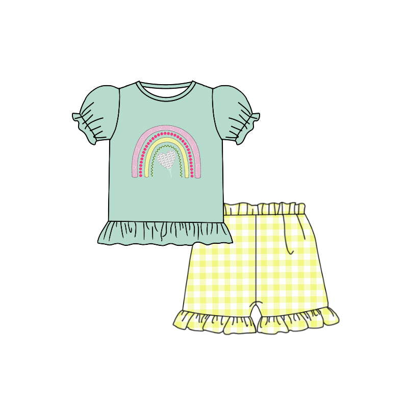 Baby Girls Rainbow Hearts Tee Top Ruffle Shorts Clothes Sets preorder(moq 5)