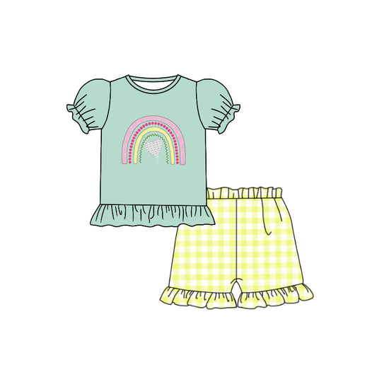 Baby Girls Rainbow Hearts Tee Top Ruffle Shorts Clothes Sets preorder(moq 5)