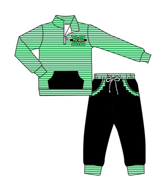 Preorder (moq 5)Baby Girls Green Stripe M The Hero Zip Pullover Pockets Jogger Team Clothes Sets
