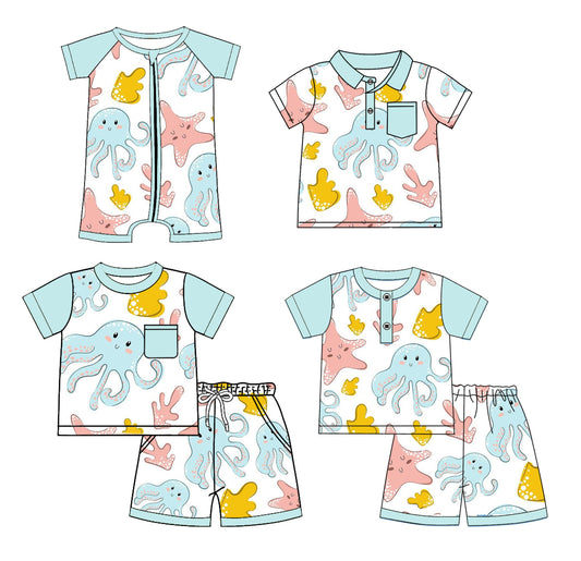 Preorder moq 5 Custom Baby Boys Light Blue Short Sleeves Sea World Top Short Pajamas Set Polo Shirts And Zipper Rompers