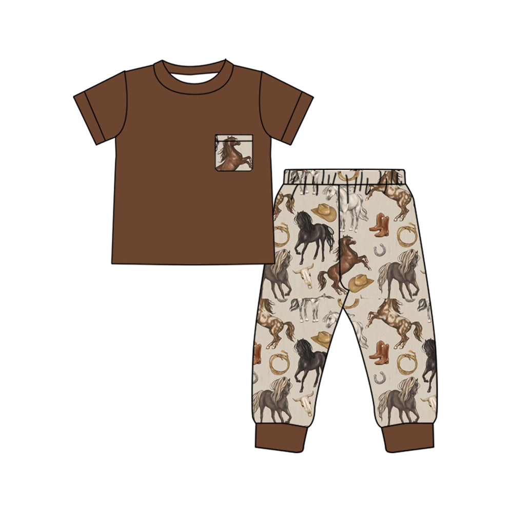 Baby Kids Western Horse Top Jogger Pants Boys Clothing Sets preorder(MOQ 5)