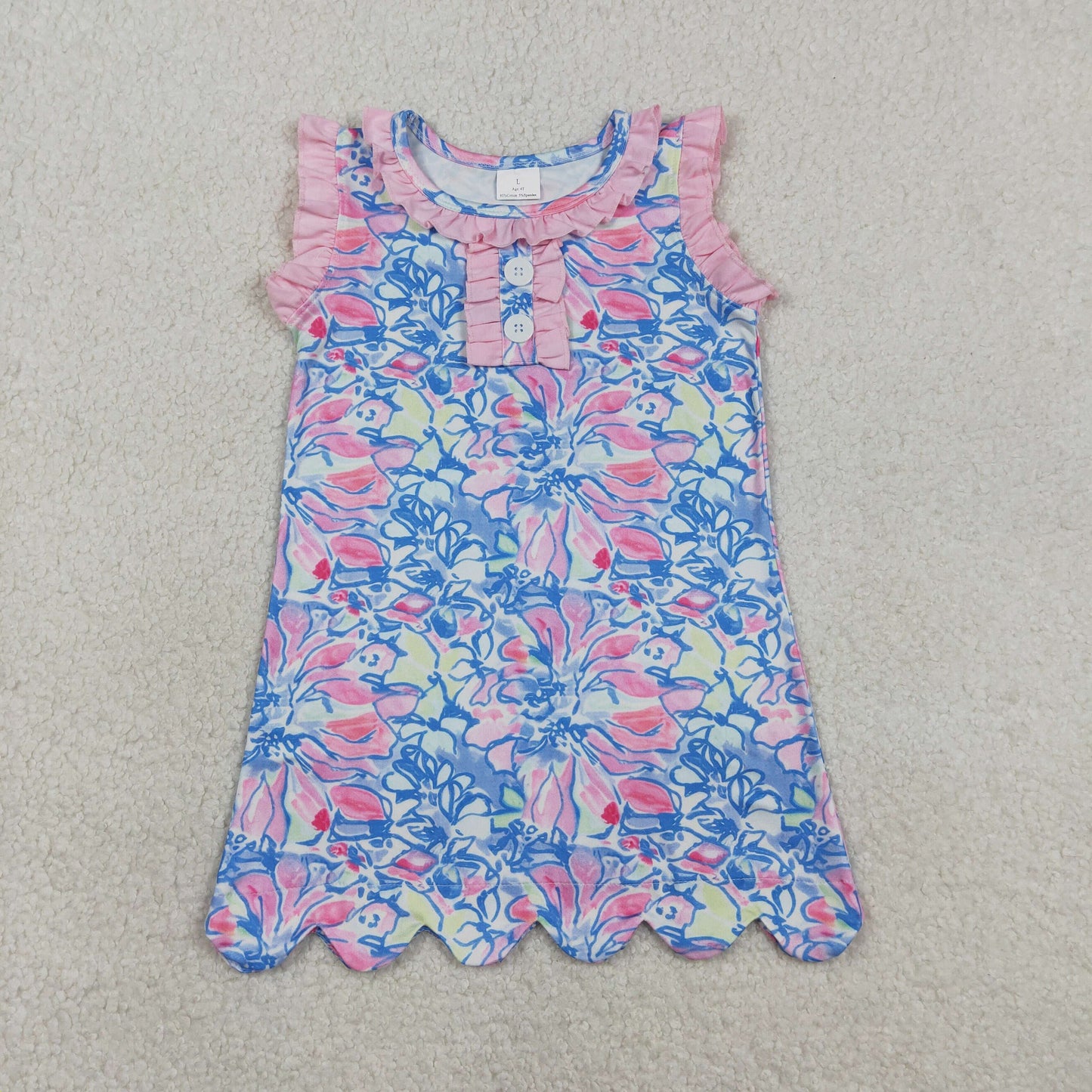 Baby Girls Sleeveless Colorful Flowers Button Scallop Knee Length Dresses