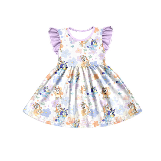 Baby Girls Flutter Sleeve Lavender Dogs Flowers Knee Length Dresses preorder (moq 5)