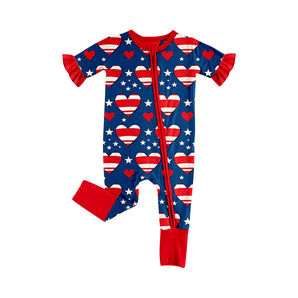 Preorder (moq 5)Baby Girls Red Blue Flower Hearts 4th of July Two Way Zip Convertible Rompers