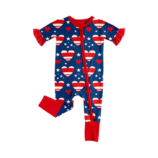 Preorder (moq 5)Baby Girls Red Blue Flower Hearts 4th of July Two Way Zip Convertible Rompers