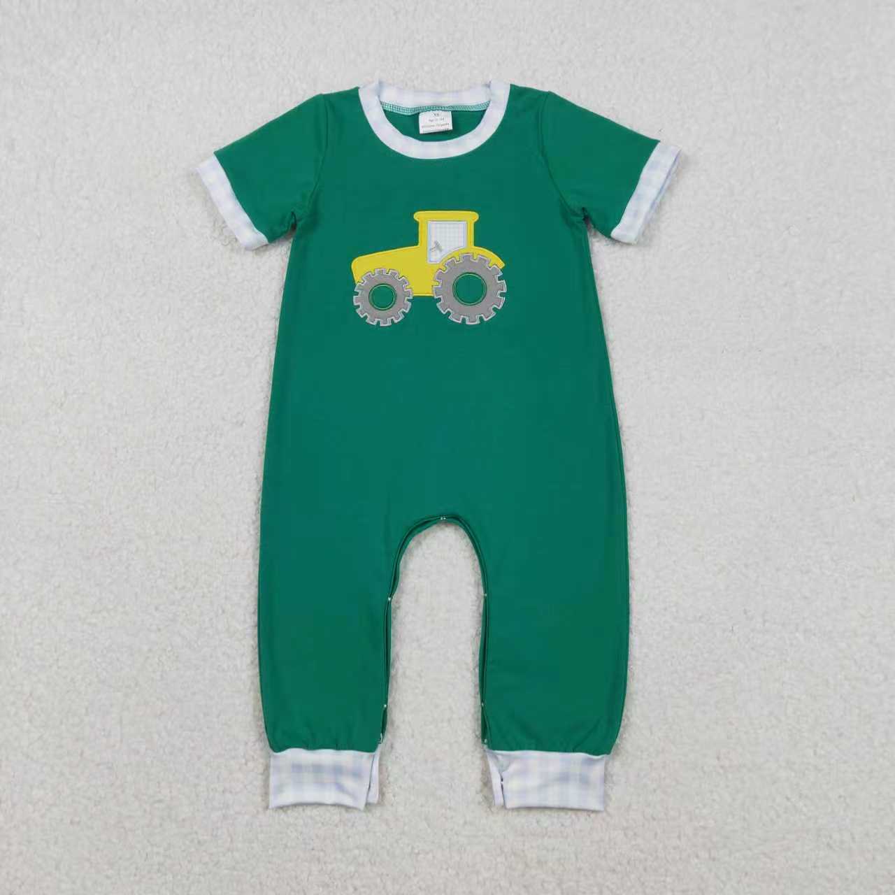 Sibling Baby Boys Green Embroidery Trucks Checked Pockets Pants Farm Set Footie Rompers