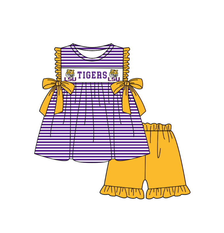 Preorder (moq 5)Baby Girls Sleeveless LSU Tigers Tunic Ruffle Shorts Team Clothes Sets