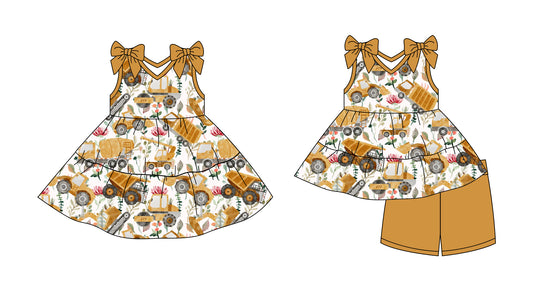 Preorder moq 5 Custom Baby Girls Khaki Floral Excavators Tunic Short Set Knee Length Dresses