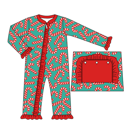 Baby Toddler Girls Christmas Candy Cane Zip Long Sleeve Rompers preorder(moq 5)