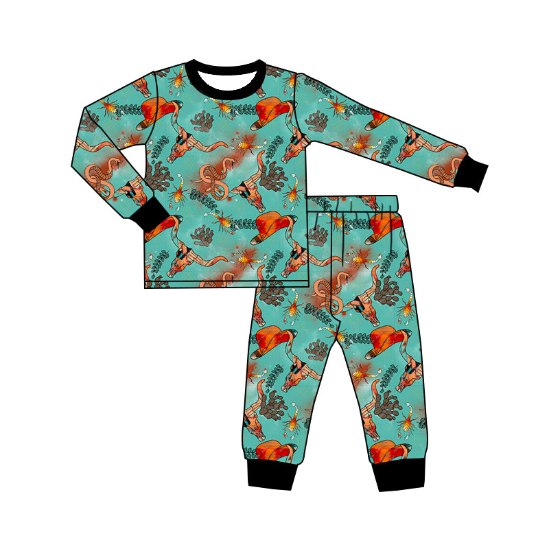 Baby Kids Boys Western Cow Skull Aztec Top Pants Pajamas Clothing Sets preorder(MOQ 5)