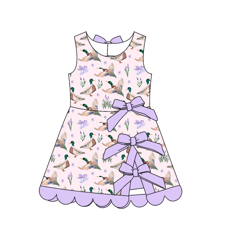 Preorder (moq 5)Baby Girls Lavender Bows Ducks Hunting Short Scallop Knee Length Dresses