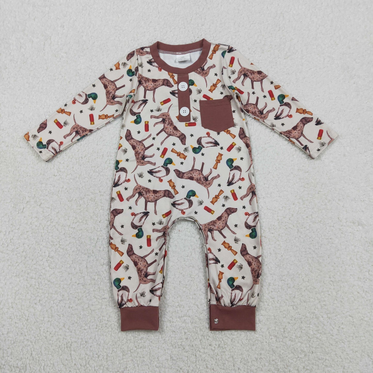 Baby Boys Long Sleeve Ducks Dogs Button Pocket Hunting Rompers