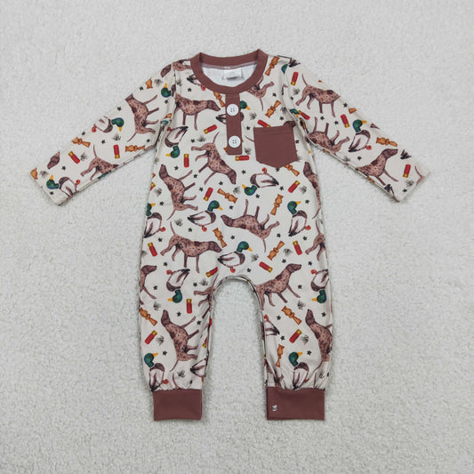 Baby Boys Long Sleeve Ducks Dogs Button Pocket Hunting Rompers