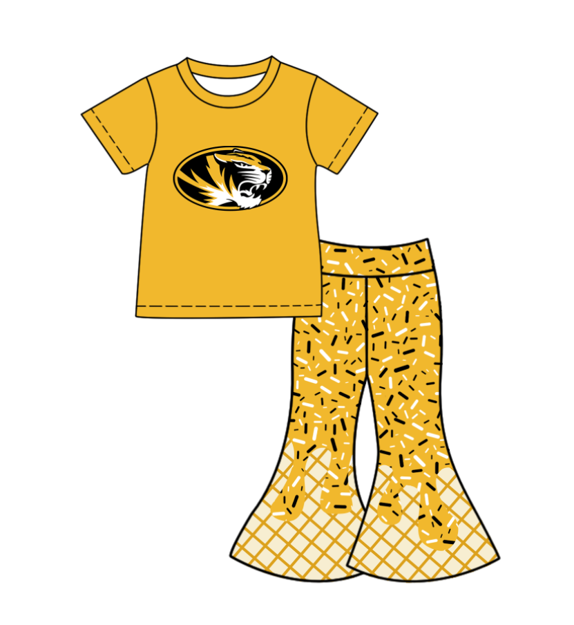 Preorder (moq 5)Baby Girls Yellow Tigers Top Drip Sprinkles Bell Bottom Pants Team Clothes Sets