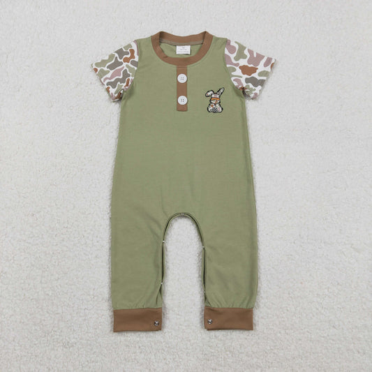Embroidery Camo Rabbit Baby Boys Button Easter Footie Rompers