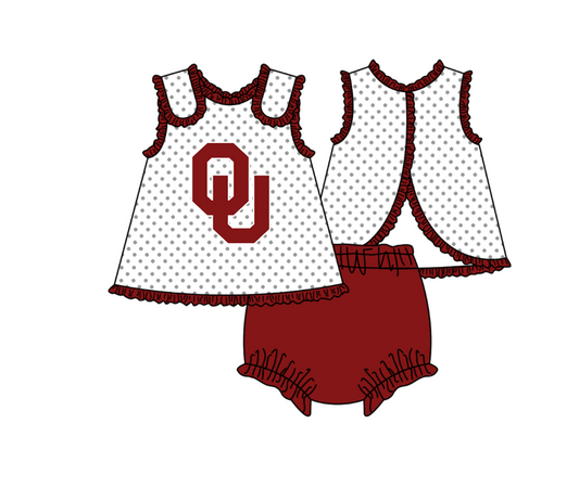 Preorder (moq 5)Baby Girls Sleeveless OU Polka Dots Tunic Bummies Team Clothes Set