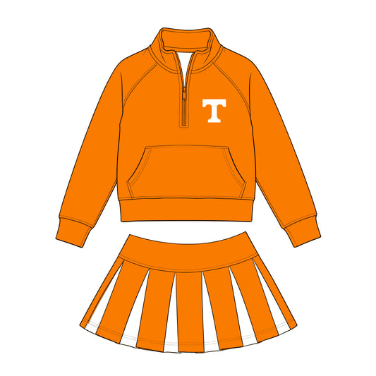 Preorder (moq 5)Baby Girls Zip Pocket T Pullovers Orange White Skirt Short Team Clothes Set