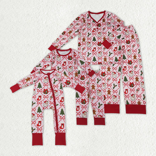 Mama and Me Bows Santa Socks Checked Top Pants Christmas Pajamas Sets Zipper Rompers