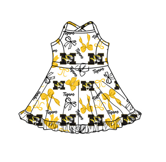 Preorder (moq 5)Baby Girls Strap Bows Tigers Team Shorts Ruffle Knee Length Dress