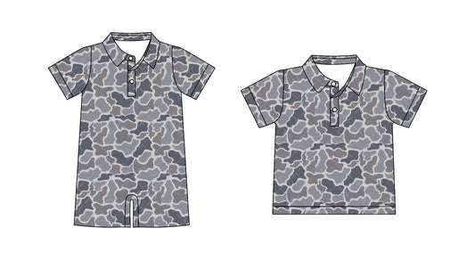 Preorder moq 5 Custom Baby Boys Short Sleeves Gray Camo Button Polo Shirts Top Rompers