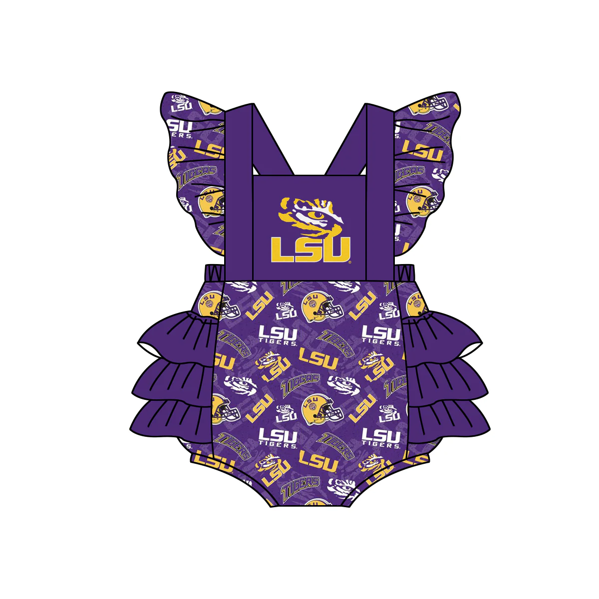 Preorder moq 5 Baby Infant Girls LSU Tiger Team Straps Rompers