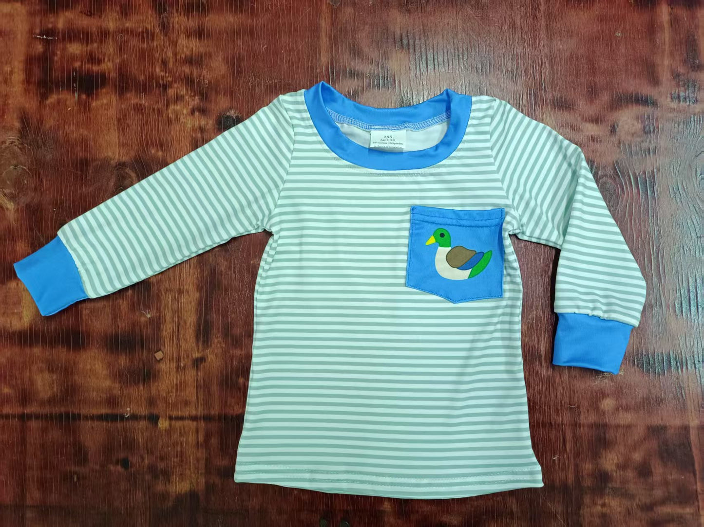 Preorder moq 5 Baby Boys Long Sleeves Aqua Stripe Duck Pocket Tee Shirts Top
